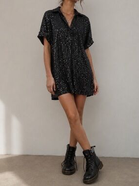 Every Sequin Black Collared Button Down Mini Party Cocktail Grunge Shirt Dress